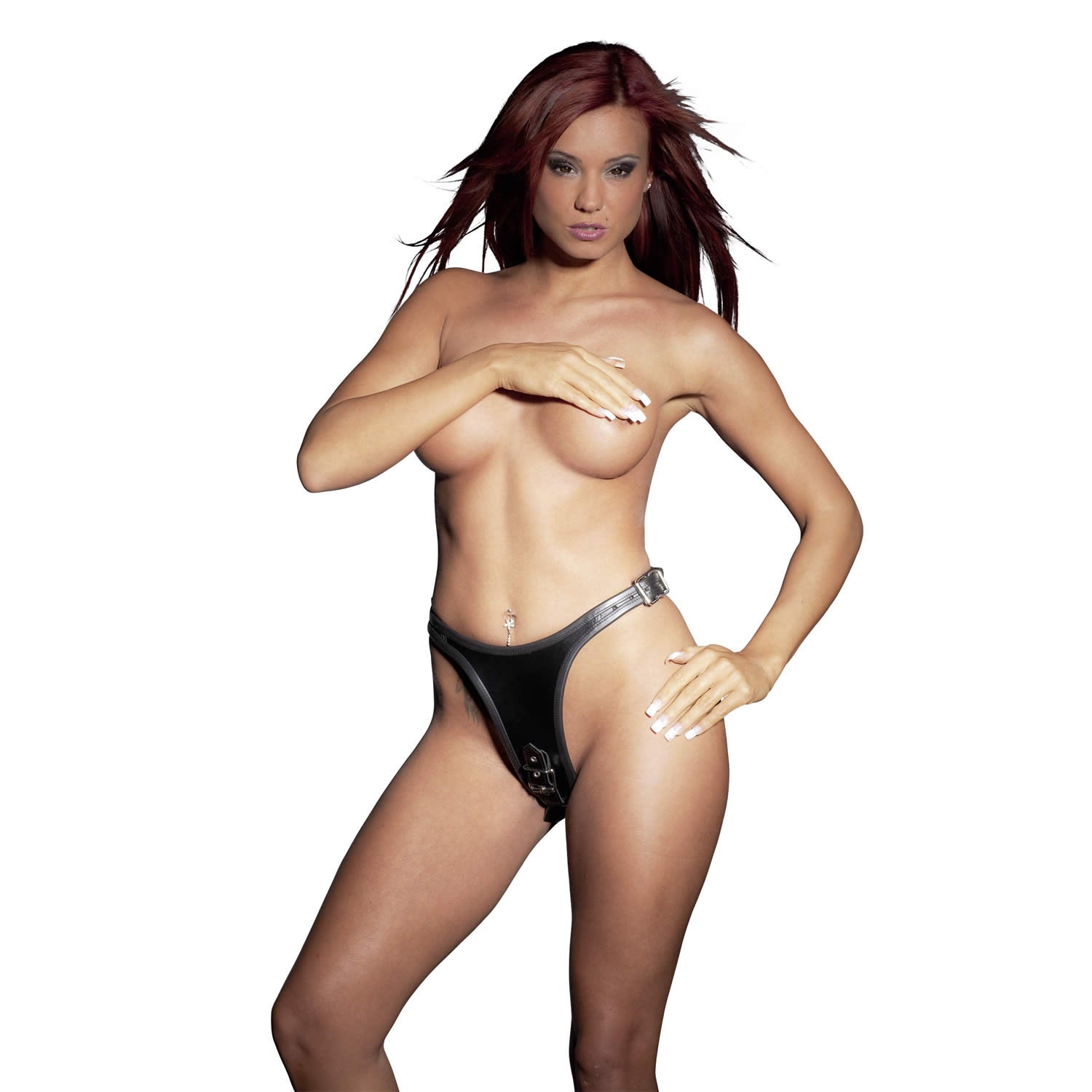 LEATHER G-STRING WITH 2 DILDOS