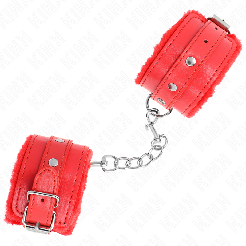 PREMIUM FUR LINED WRIST RESTRAINTS RED WITH RED BELT ADJUSTABLE 17-29 CM X 6 CM