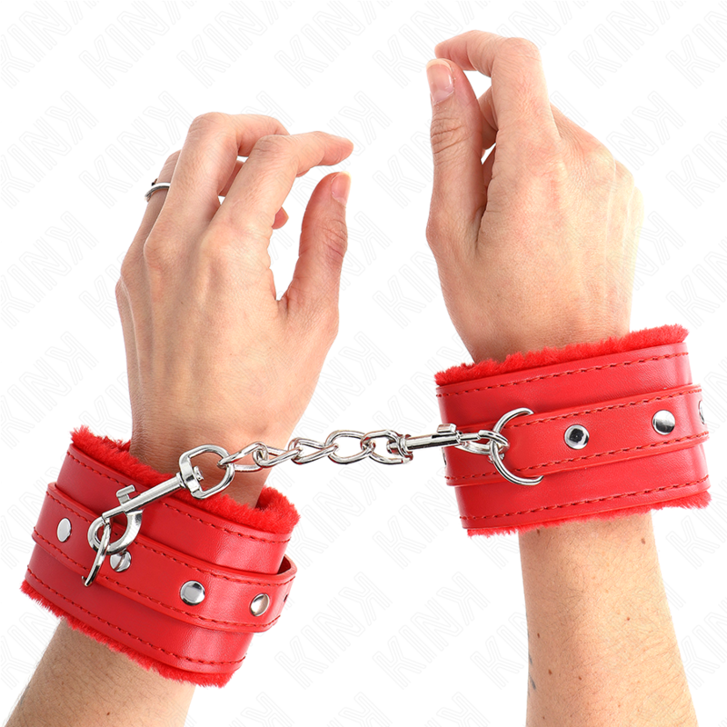 PREMIUM FUR LINED WRIST RESTRAINTS RED WITH RED BELT ADJUSTABLE 17-29 CM X 6 CM